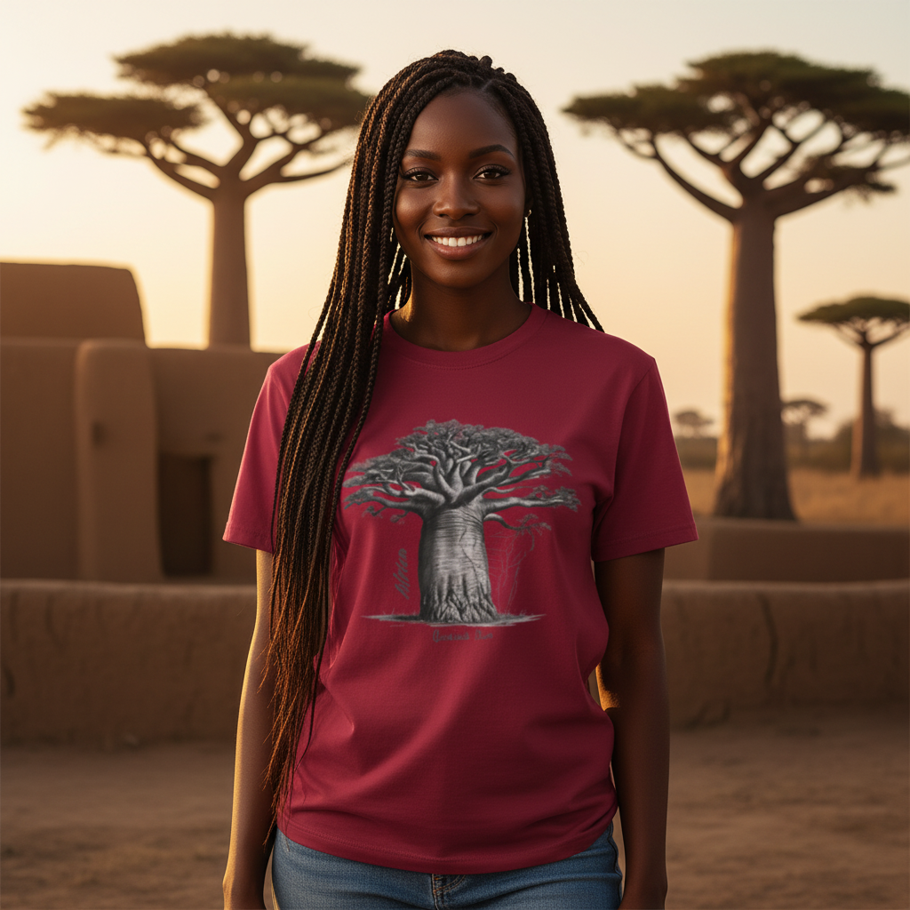 Stunning Black woman wearing red baobab t-shirt near traditional African architecture
