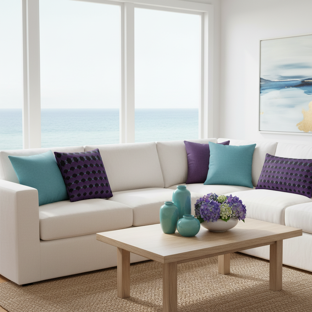 Stunning coastal living room with art deco pillows and ocean view