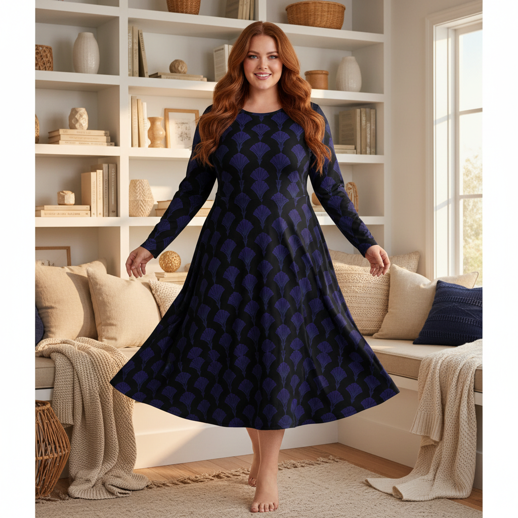 Stunning confident plus-size woman 4XL in deep blue and black long sleeve midi dress in cozy warm reading nook