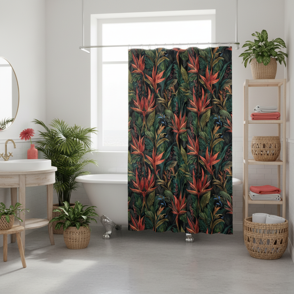 Stunning sunny bathroom with tropical shower curtain with coral red flowers and green palm leaves, white bathtub, natural wood furniture and shelves, woven baskets, lush green tropical plants, coral red accents and towels, bright daylight, luxurious refined beach house aesthetic