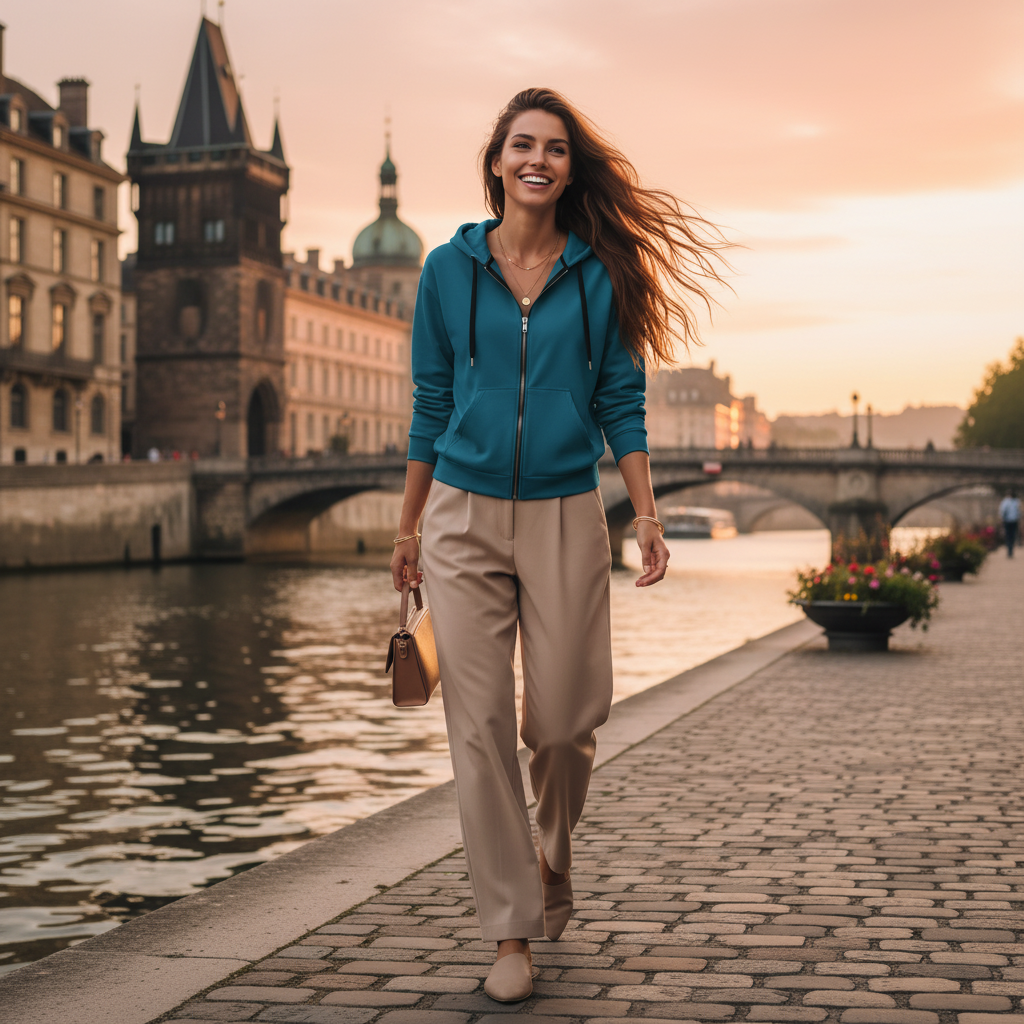 Stunning woman in teal zip hoodie with beige wide-leg trousers by riverside