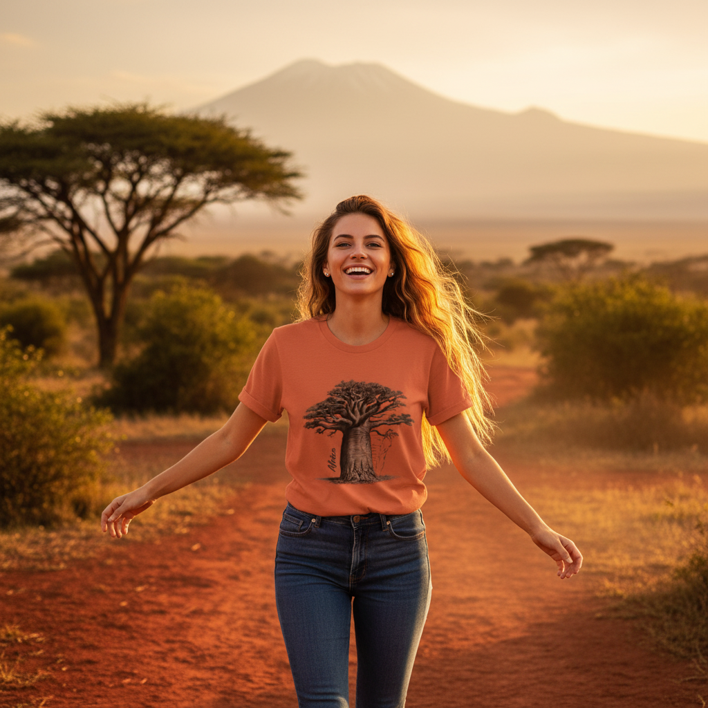 Stunning woman wearing terracotta baobab t-shirt in vibrant Kenyan landscape