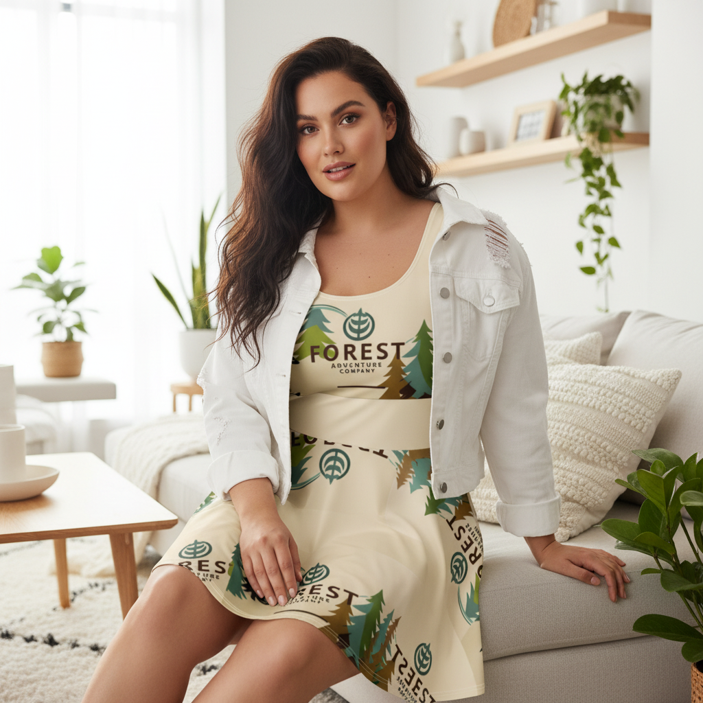Stylish curvy woman in forest dress in luminous Scandinavian living room