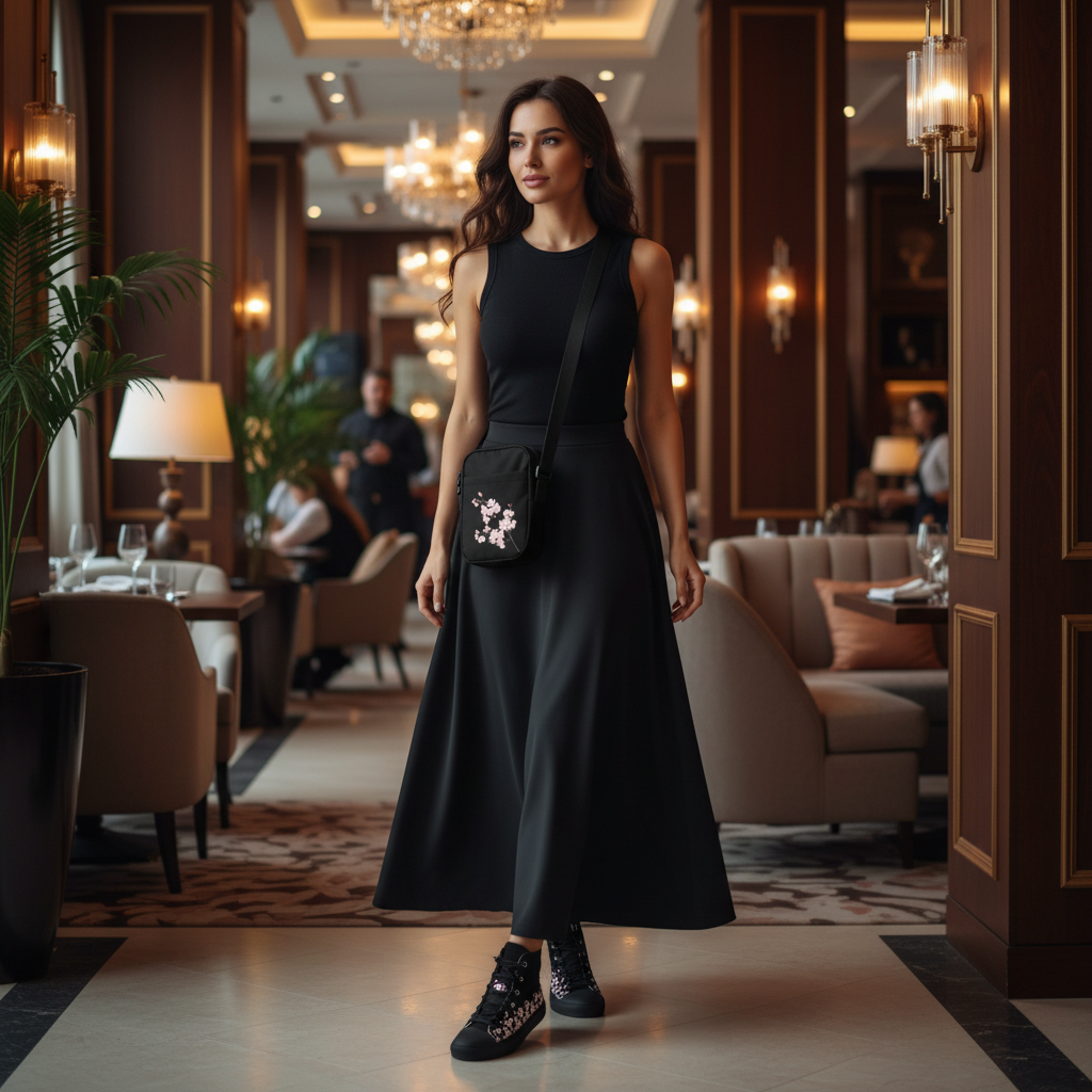 Stylish empowered woman with cherry blossom sneakers and bag in chic restaurant