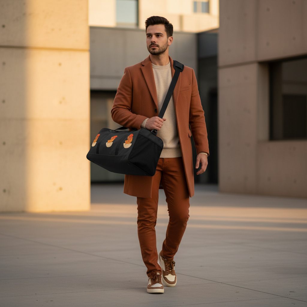 Stylish man in burnt orange chinos carrying geometric autumn leaf pattern duffle bag