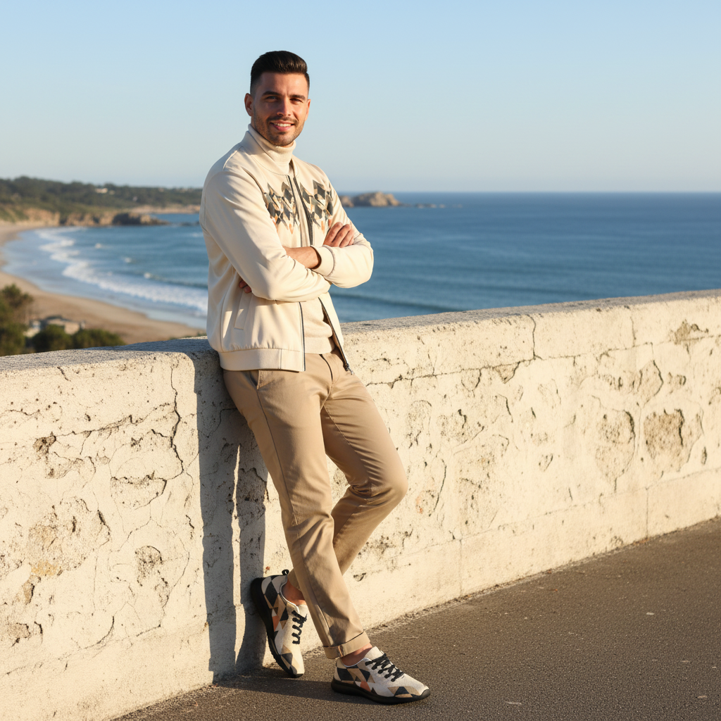 Stylish man in geometric bomber with tan chinos