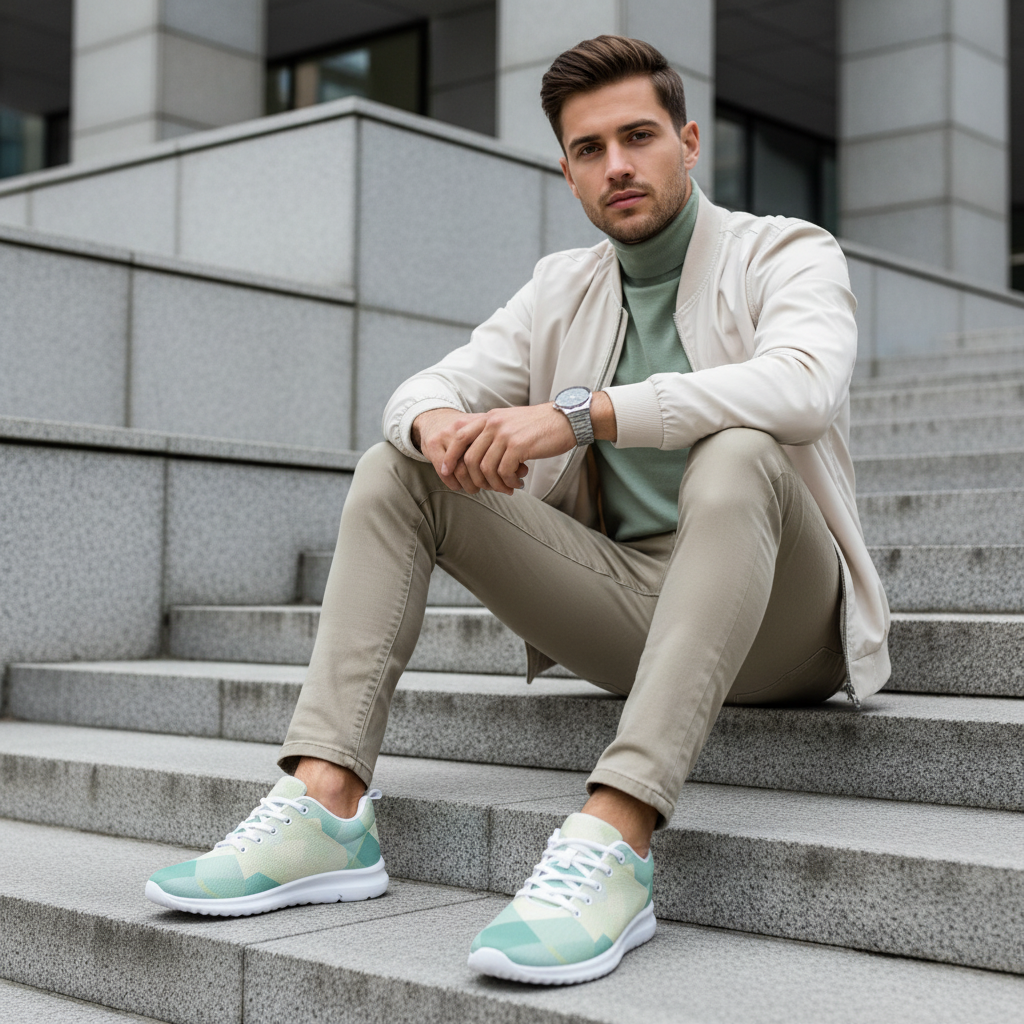 Stylish man on steps in cream jeans mint turtleneck with geometric shoes visible
