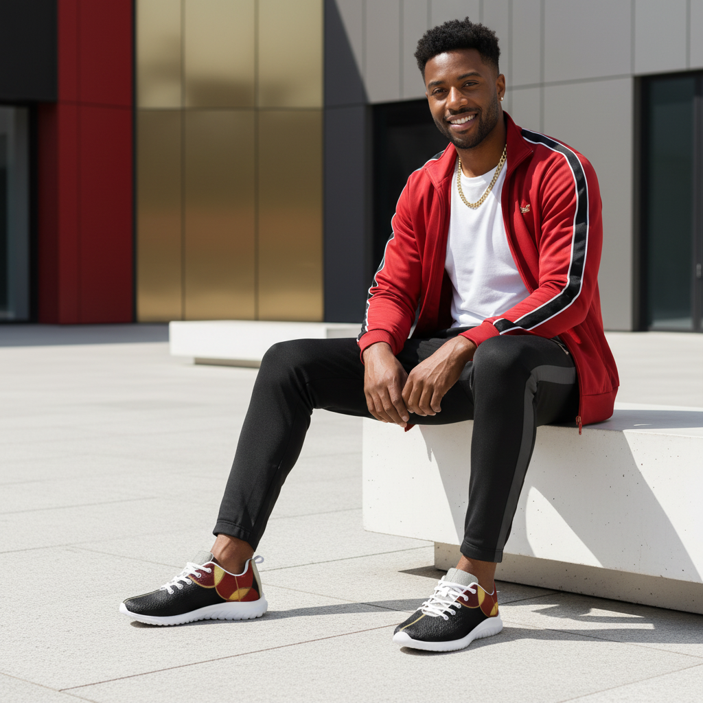 Stylish man sitting on wall in white tee and red varsity jacket with black red gold shoes white sole