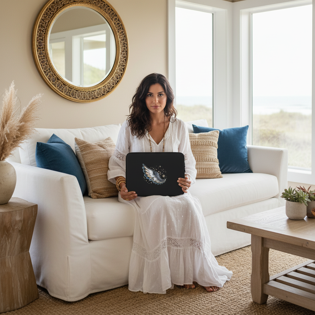 Stylish woman holding Night Wing laptop sleeve on coastal sofa