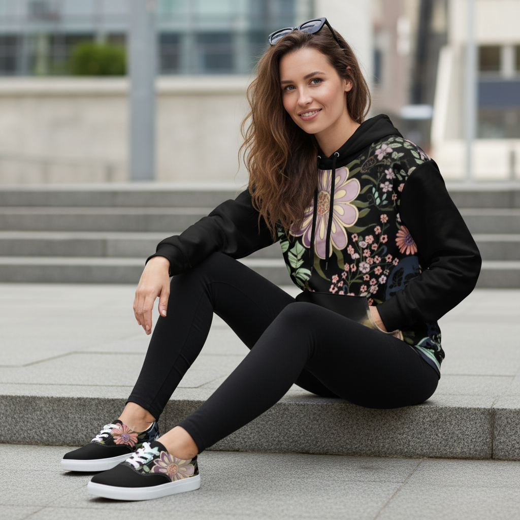Stylish woman in black floral hoodie with leggings and matching floral lace-up shoes