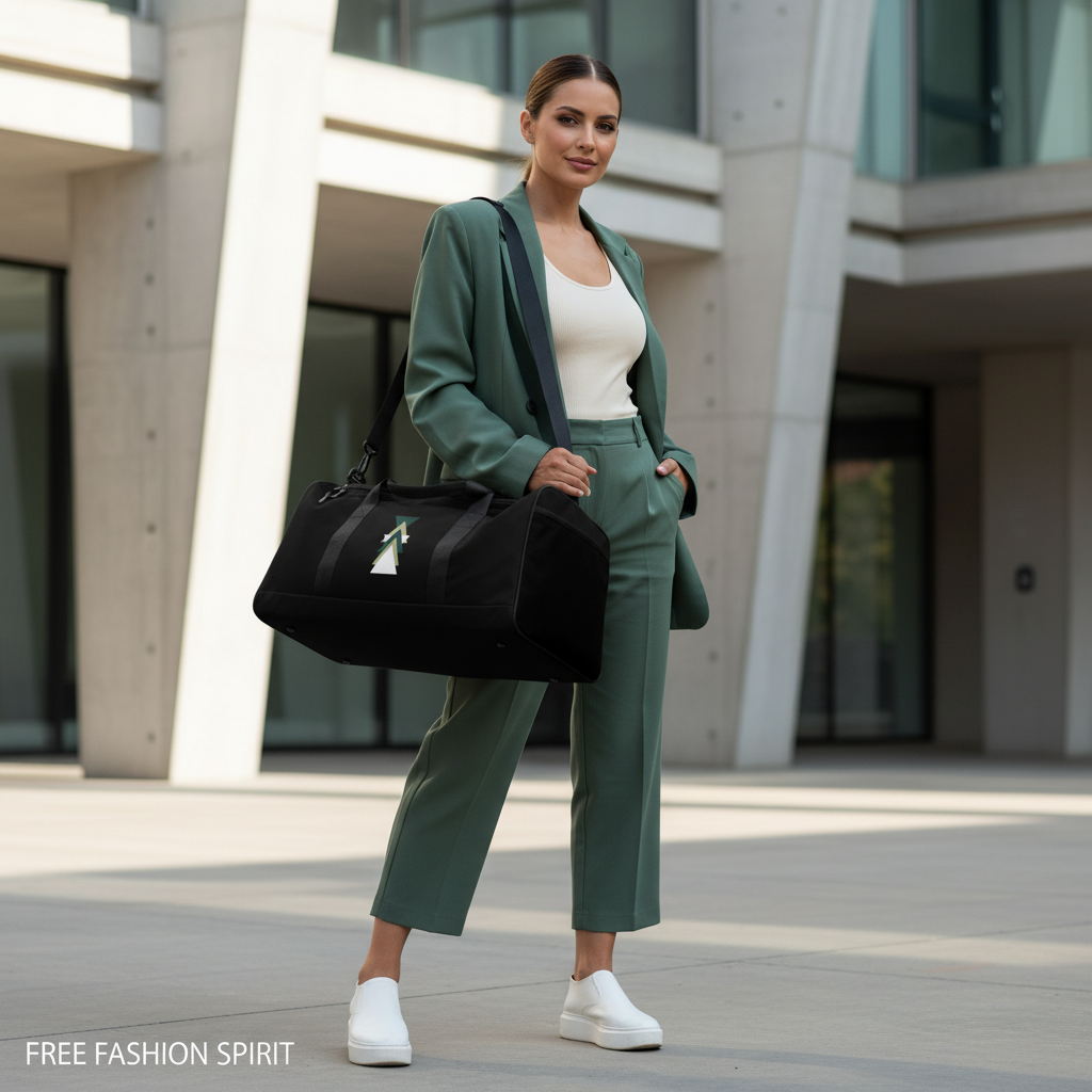 Stylish woman in cropped wide-leg trousers and oversized blazer with triangle pattern bag