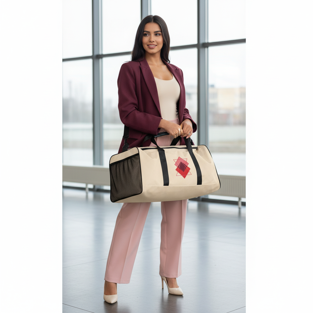 Stylish woman in pink wide-leg trousers and burgundy blazer with geometric squares duffle