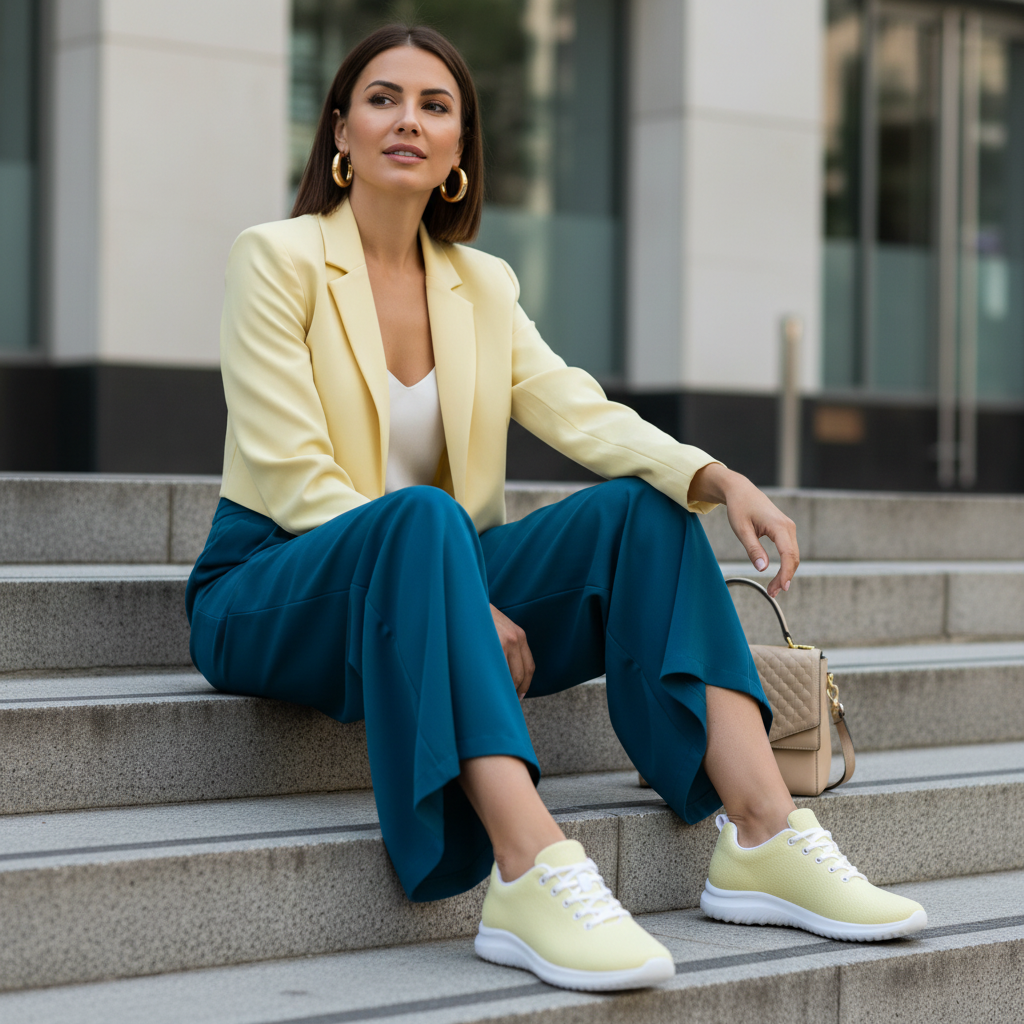 Stylish woman in teal wide-leg trousers yellow blazer white camisole with yellow shoes