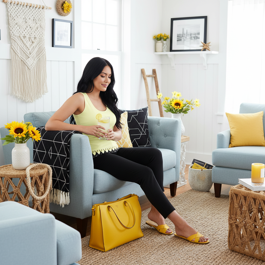 Stylish woman with black hair in yellow black geometric tank top in coastal living room