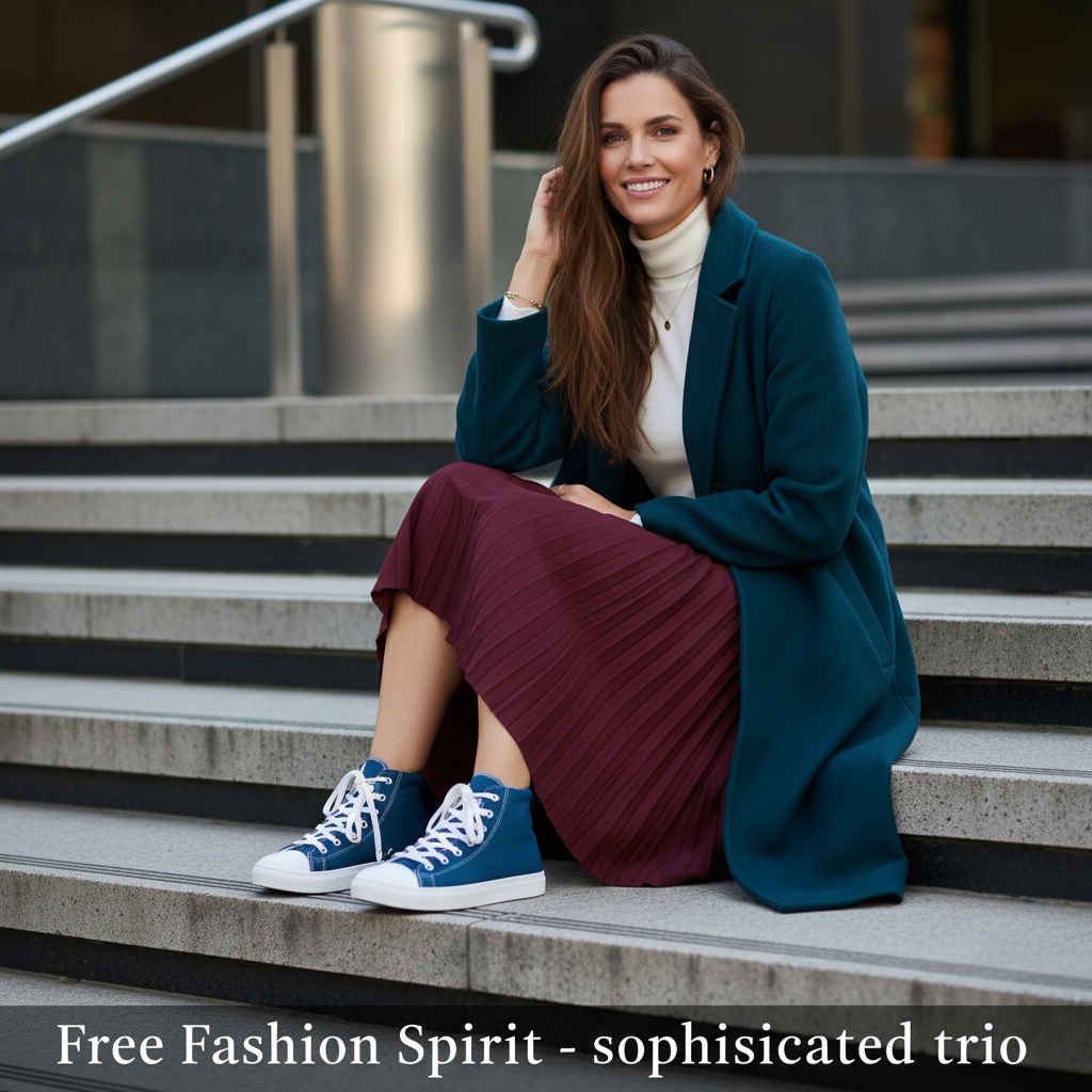 Stylish woman with long hair in burgundy midi skirt white turtleneck and teal coat with teal shoes