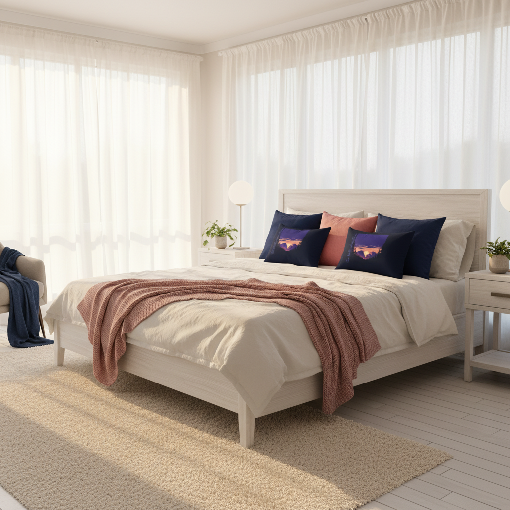 Sun-drenched bedroom with mountain sunset pillows