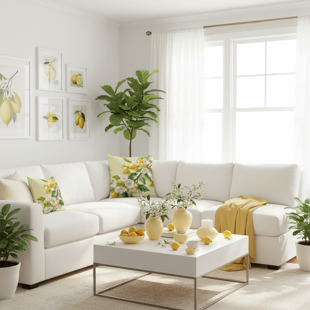 Sun-filled living room featuring lemon pillow with curated citrus art and yellow decor