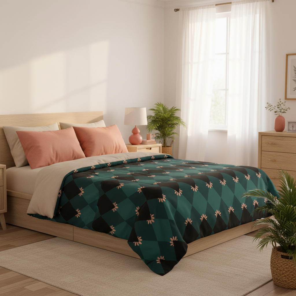 Sunny bedroom with emerald mosaic duvet cover, light natural wood bed frame, beige and salmon pink color scheme, white walls and curtains, natural wood furniture, beige throw pillows, salmon pink accent pillows, coral pink decorative items, green tropical plants, warm natural sunlight