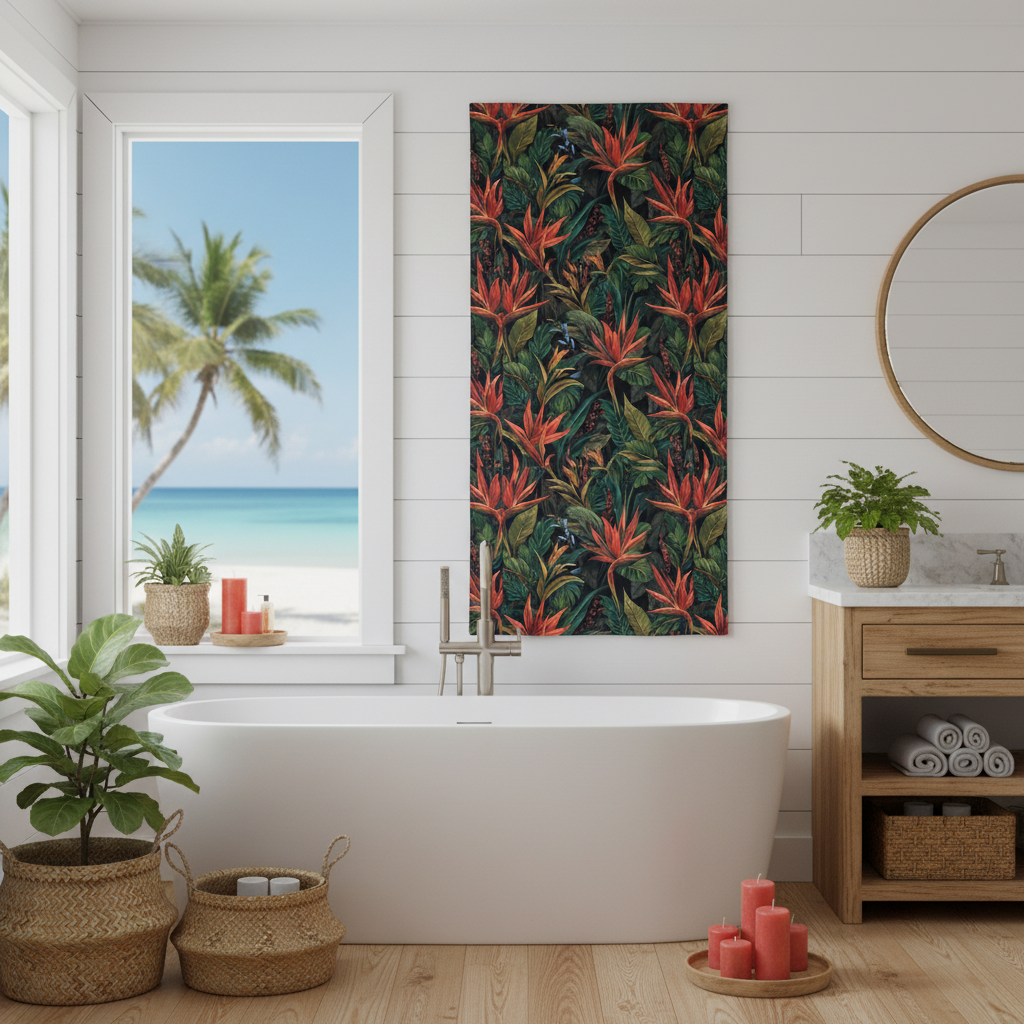 Sunny coastal bathroom with tropical beach towel with coral red flowers and green palm leaves hanging on white shiplap wall displaying full pattern, white bathtub, natural wood furniture, woven baskets, green plants, coral red candles