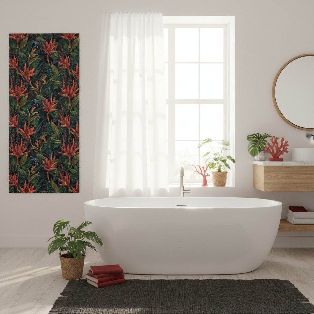Sunny coastal bathroom with tropical beach towel with red flowers and green leaves hanging vertically showing complete design, white tub, natural wood vanity, green plants, coral red items, jute rug, warm sunlight