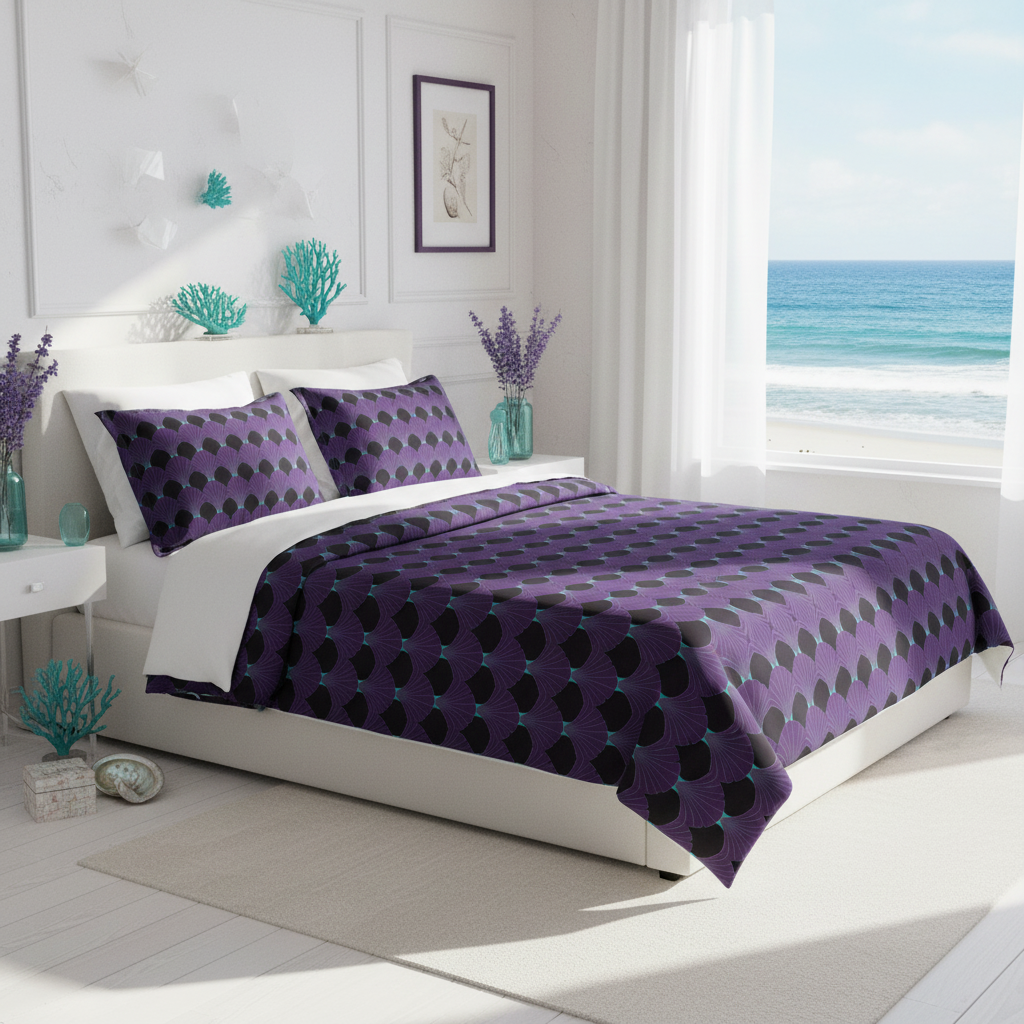 Sunny coastal bedroom with art deco duvet