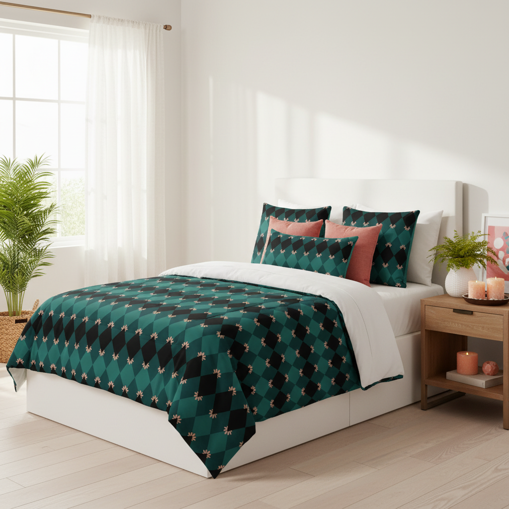 Sunny coastal bedroom with emerald green mosaic comforter, white walls and curtains, lots of coral pink and peach accents - salmon pink pillows, peach candles, coral pink artwork, green tropical plants, warm sunlight, beautifully coordinated