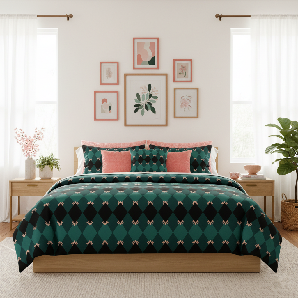 Sunny coastal bedroom with emerald mosaic comforter and pillows, white walls with gallery wall of framed art in coral pink, peach and emerald tones, white sheer curtains, coral pink accent pillows, peach decorative items, salmon pink flowers, bright sunlight