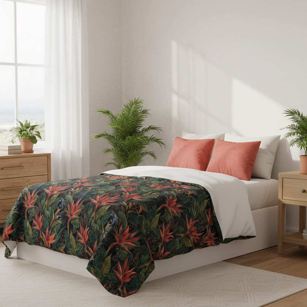 Sunny coastal bedroom with tropical comforter, twin bed, white walls and curtains, coral red accent pillows, green tropical plants, warm sunlight, perfectly coordinated