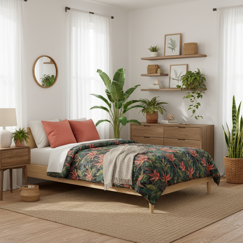 Sunny coastal bedroom with tropical comforter, twin bed with natural wood frame, abundant wood furniture, coral red pillows, green plants in terracotta pots, earth tones, warm sunlight