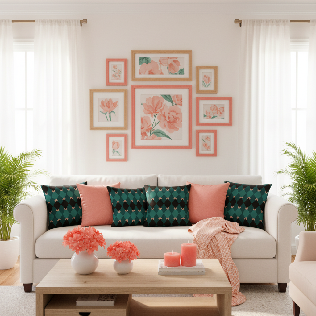 Sunny coastal living room with emerald green mosaic pillows on white sofa, white walls with gallery wall of framed art in salmon pink, coral and emerald tones, white curtains, lots of coral pink and peach decorative pillows, peach throw blanket, coral pink flowers and candles, green plants, bright sunlight