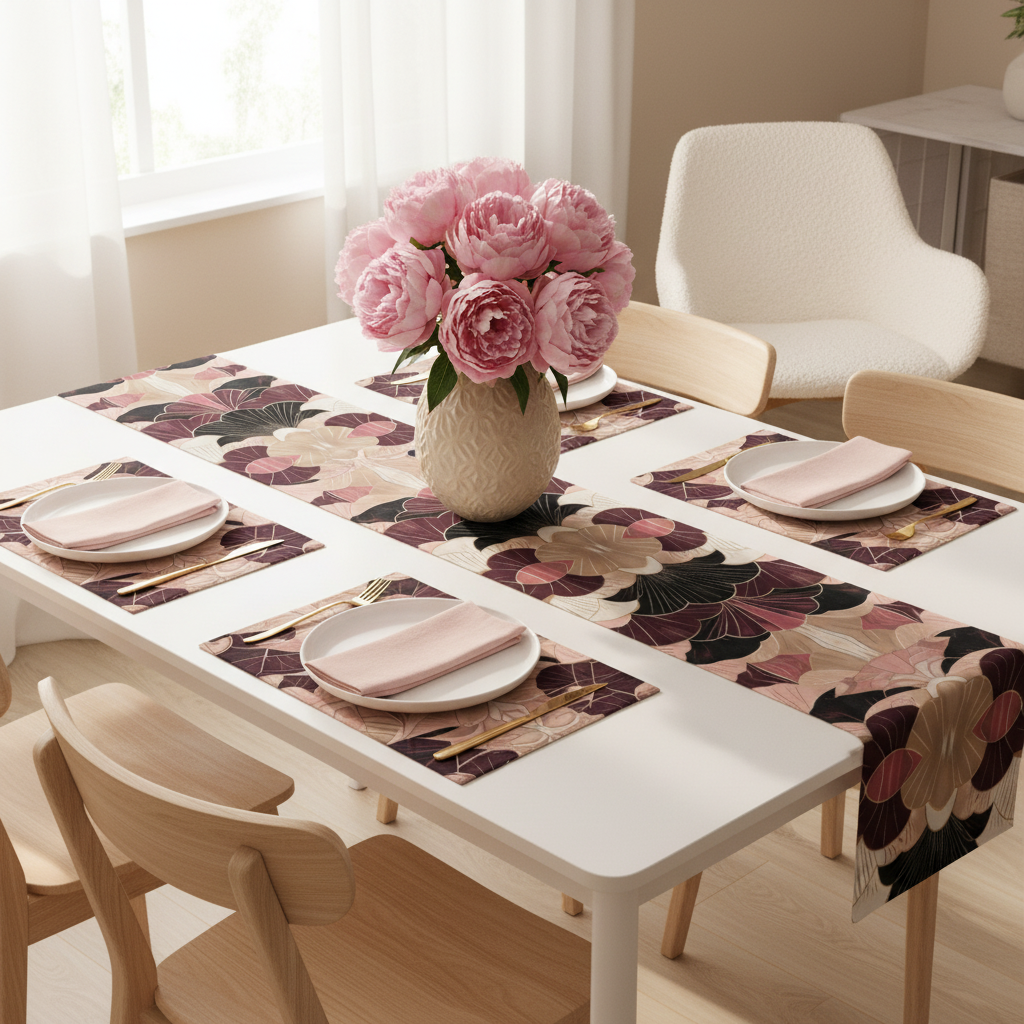 Sunny dining room with geometric placemats, runner and pink peonies