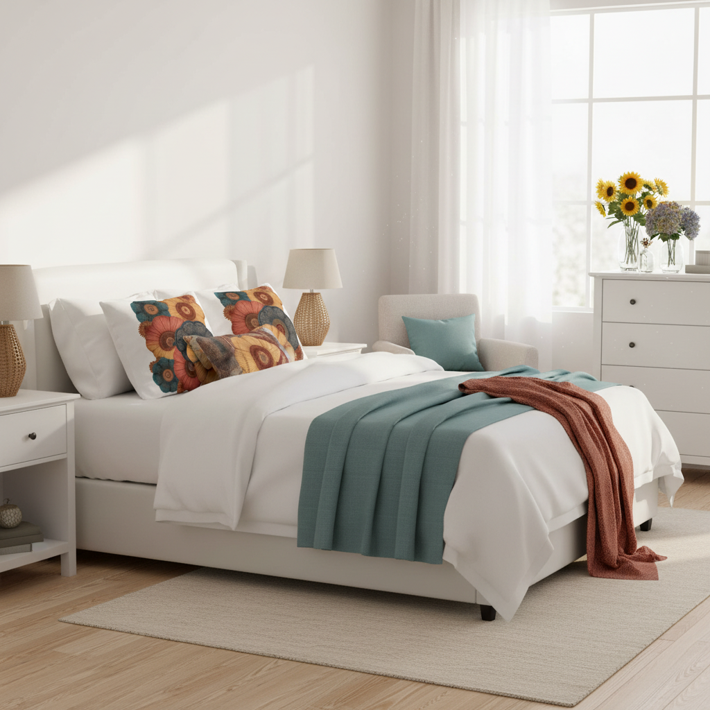 Sunny white bedroom with floral pillows