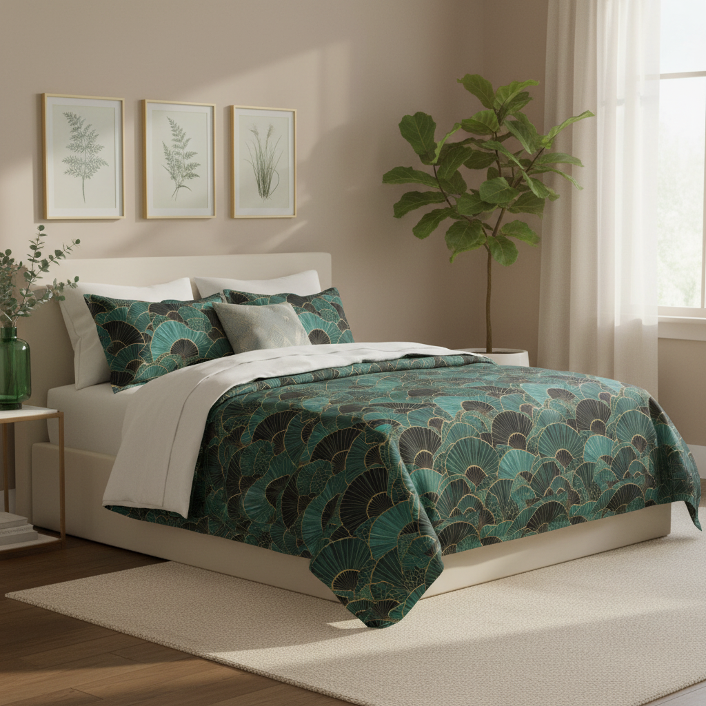 Teal and gold comforter with botanical decor