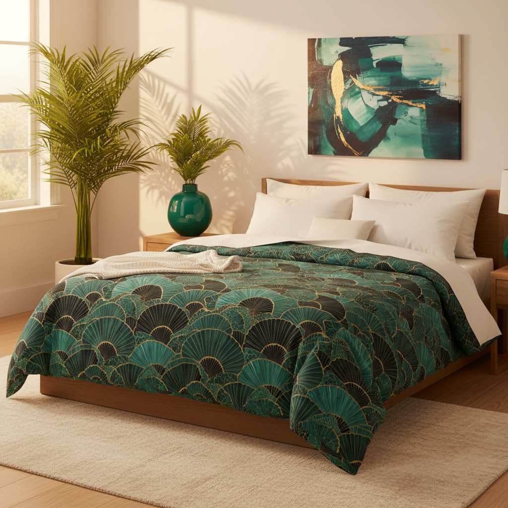 Teal and gold comforter with emerald decor