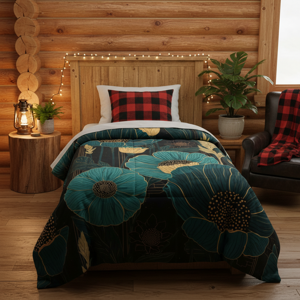Teal and gold floral twin comforter in log cabin bedroom