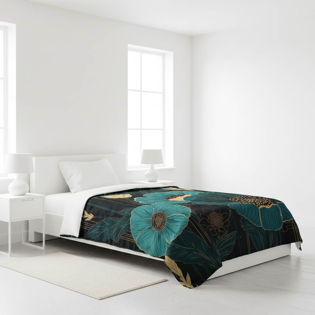 Teal and gold floral twin comforter in white bedroom