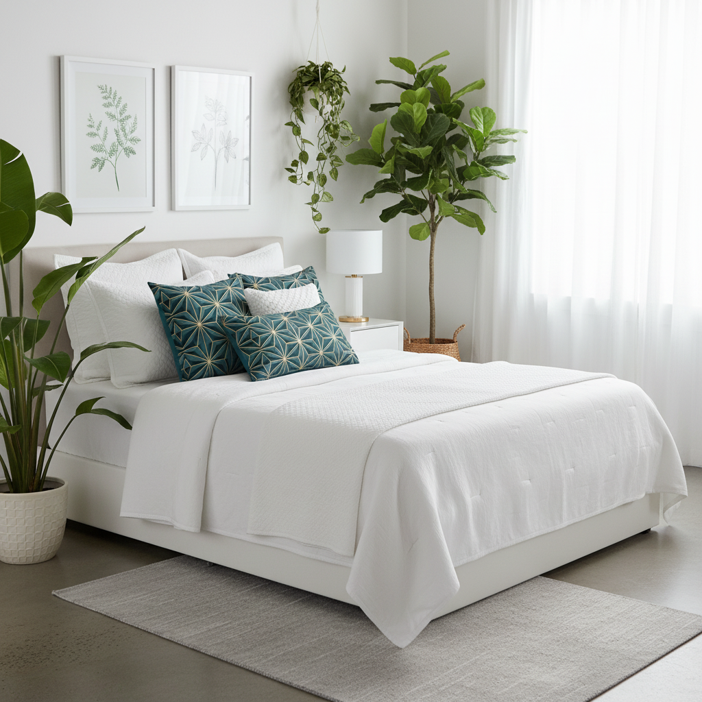 Teal and gold geometric throw pillows styled on white bed with green plants in modern bedroom