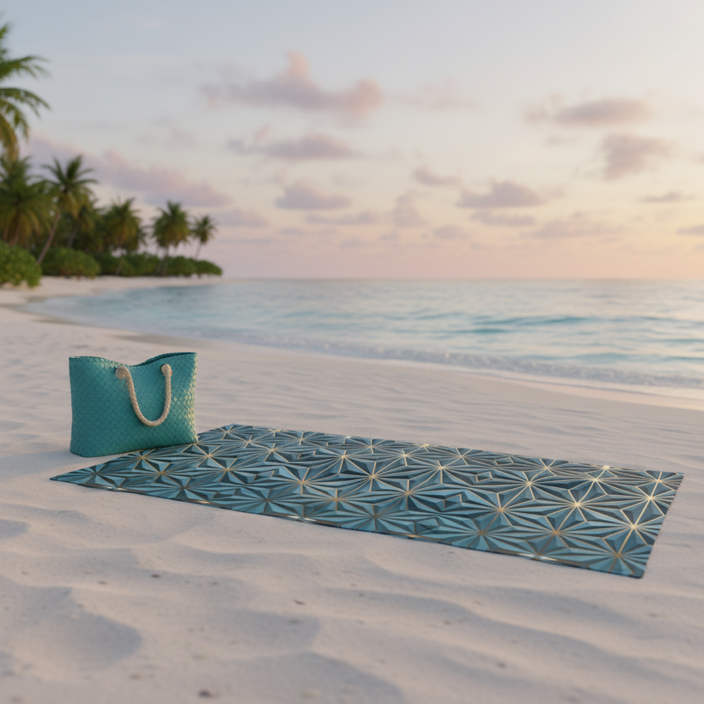 Teal and gold star pattern beach towel on white sand with ocean waves
