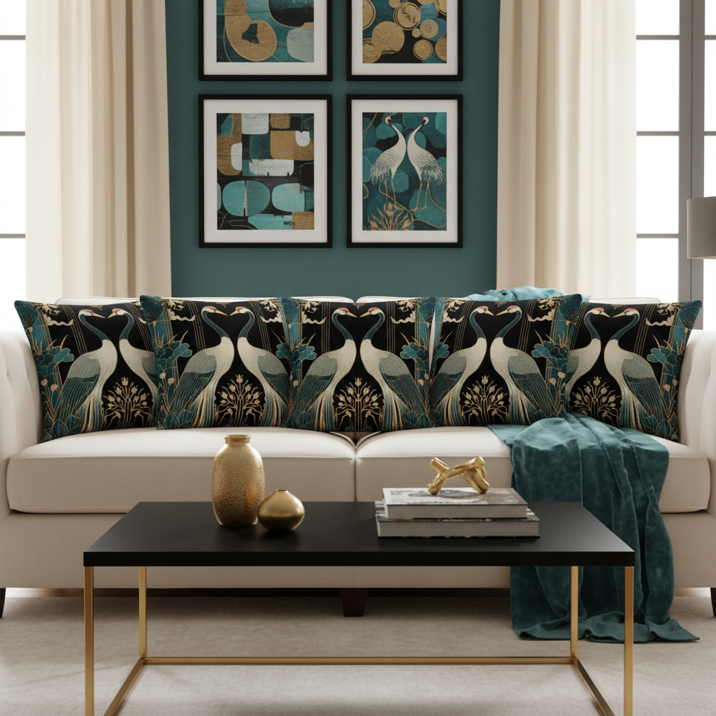 Bright coastal Scandinavian living room with teal and gold crane decorative pillows on cream sofa, botanical prints and natural light

