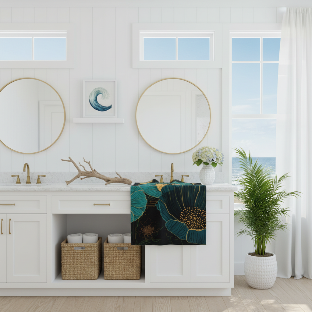 Teal floral beach towel fully displayed in bright white coastal bathroom