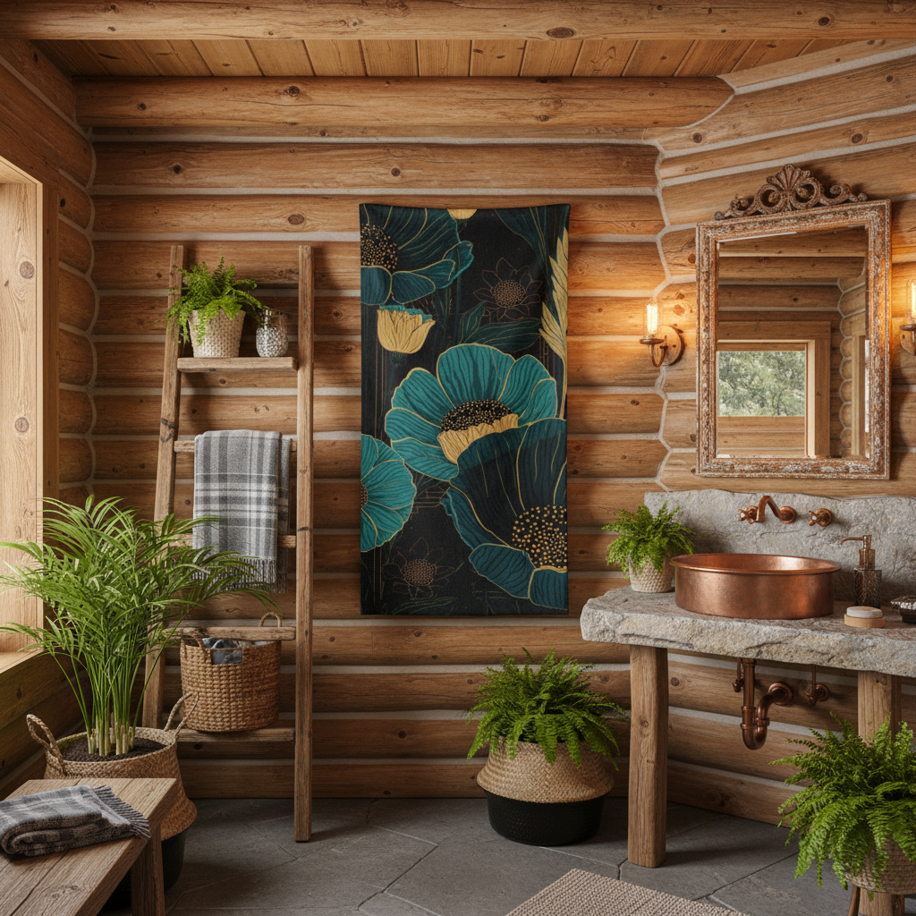 Teal floral beach towel in fully styled log cabin bathroom