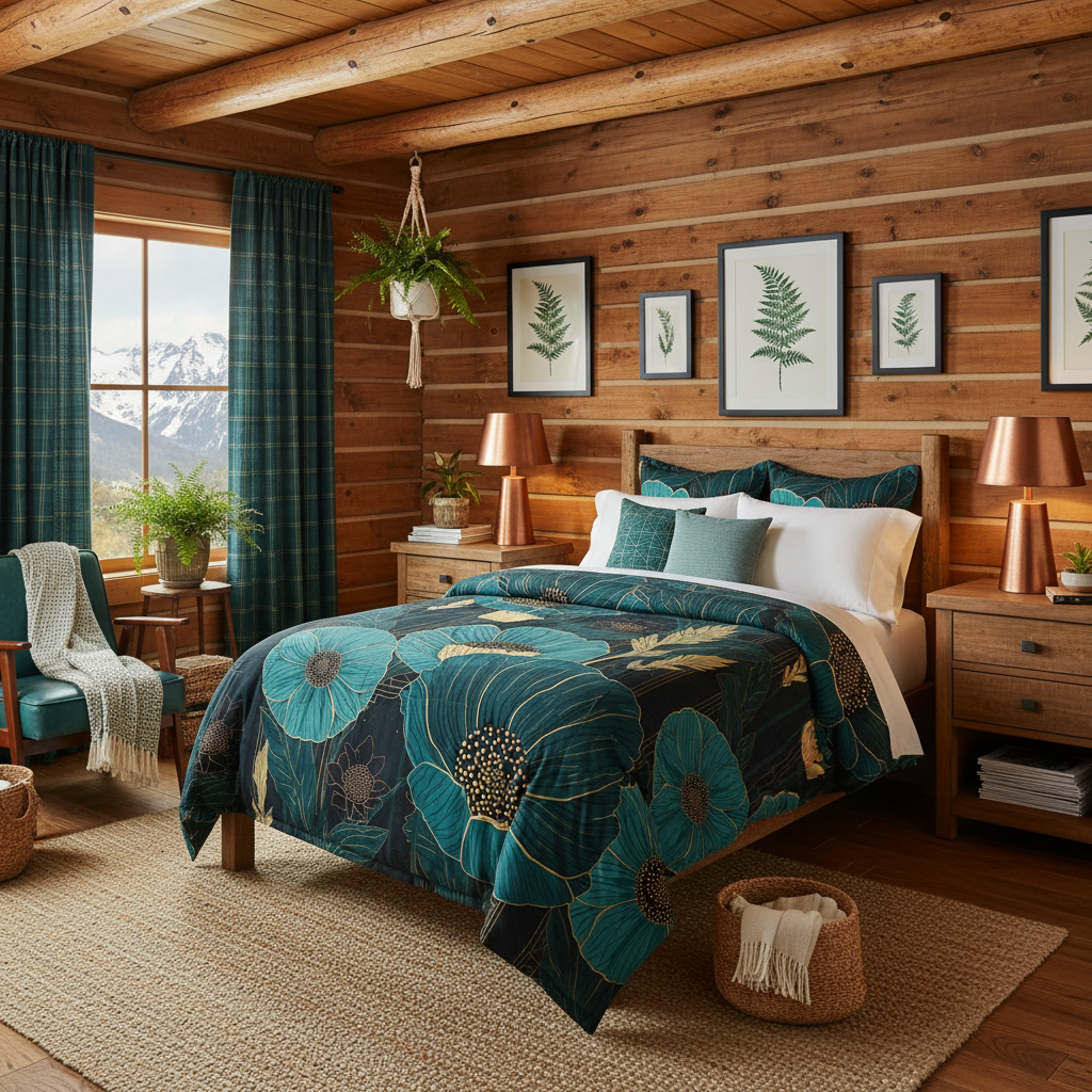 Teal floral comforter in botanical styled log cabin bedroom