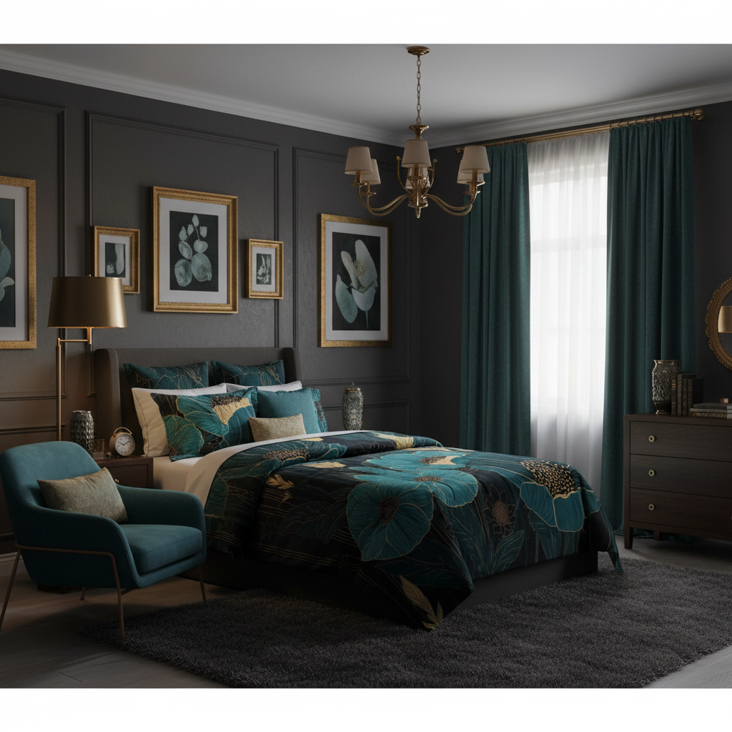 Teal floral comforter in dramatic dark luxury bedroom