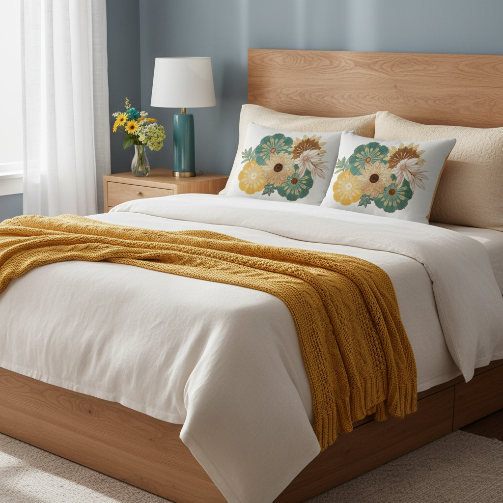 Tranquil coastal bedroom with floral pillows