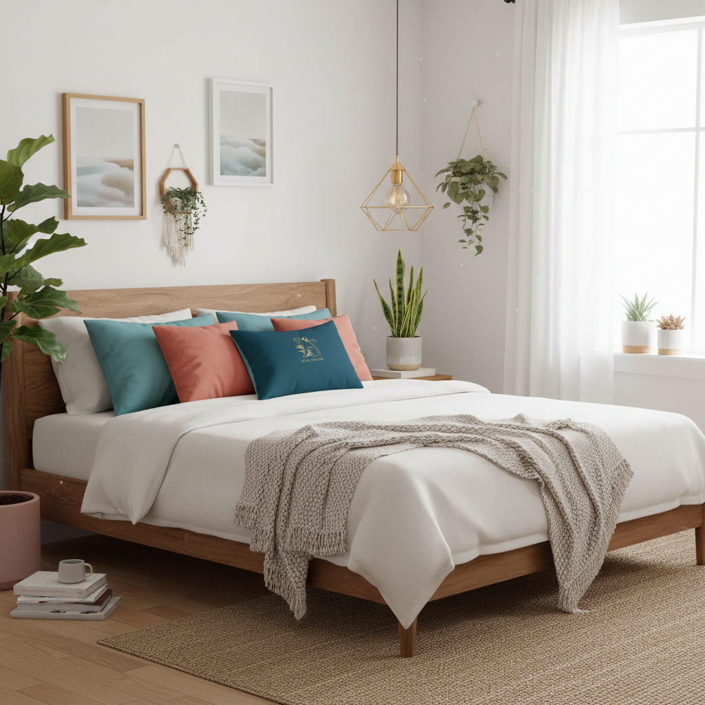 Tranquil coastal bedroom with teal and gold Black Panther pillows displaying panther, turquoise and coral pillows, natural wood bed, gold light, plants, lived-in style