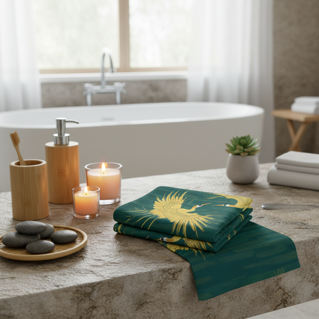 Tranquil spa bathroom with teal and gold crane towel on natural stone with bamboo