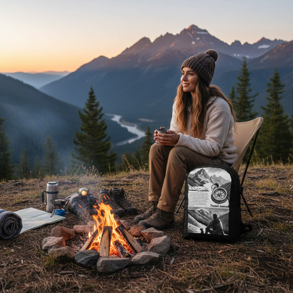 Travel Journal backpack at mountain camping spot with campfire