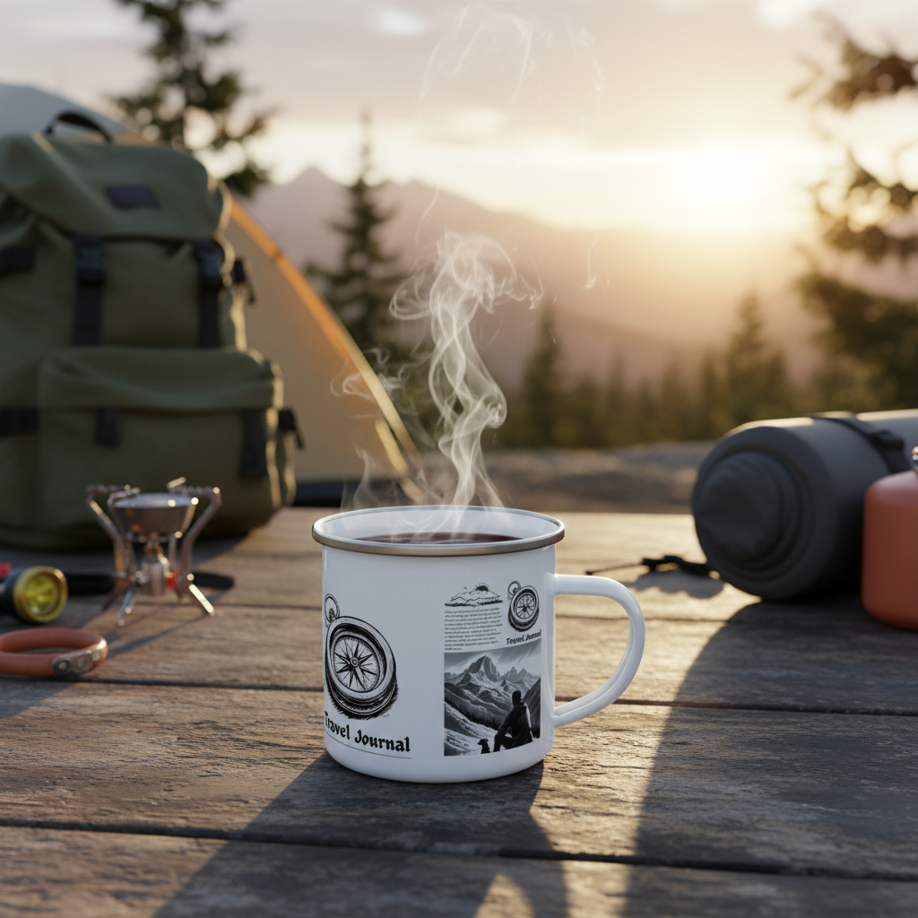 Travel Journal enamel mug on wooden surface at campsite with steam
