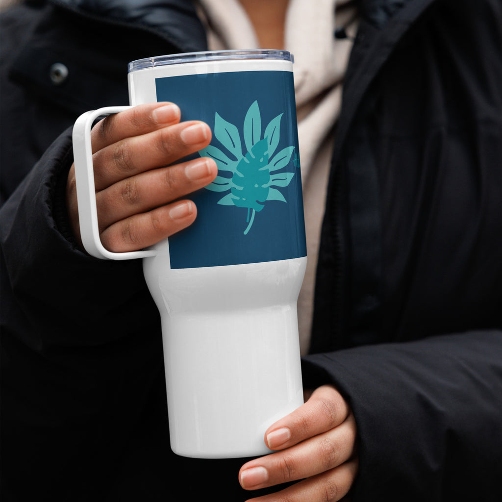 Teal Flowers Travel mug with a handle 