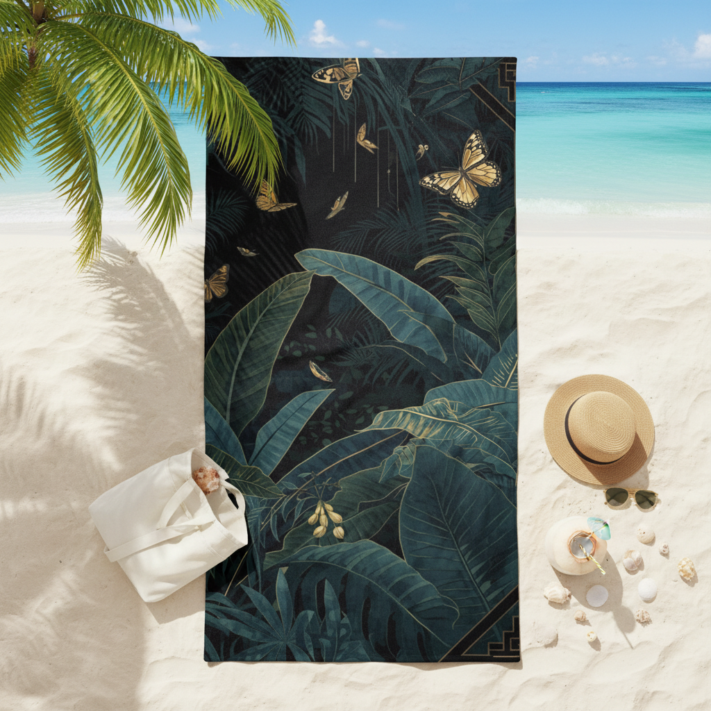 Tropical beach scene with midnight botanical towel on white sand